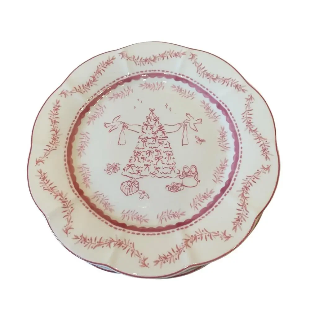 Monterey Bay Porcelain Christmas Dinner Plates 10.5in Pink & White Set of 3 NEW